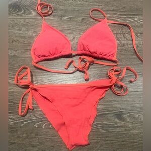 Eidon Coral Ribbed Triangle Bikini Top with Polka Dot Lining